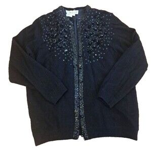 Womens Vintage Angora & Lambswool Knit Cardigan Black Roses Sequins 44 Large